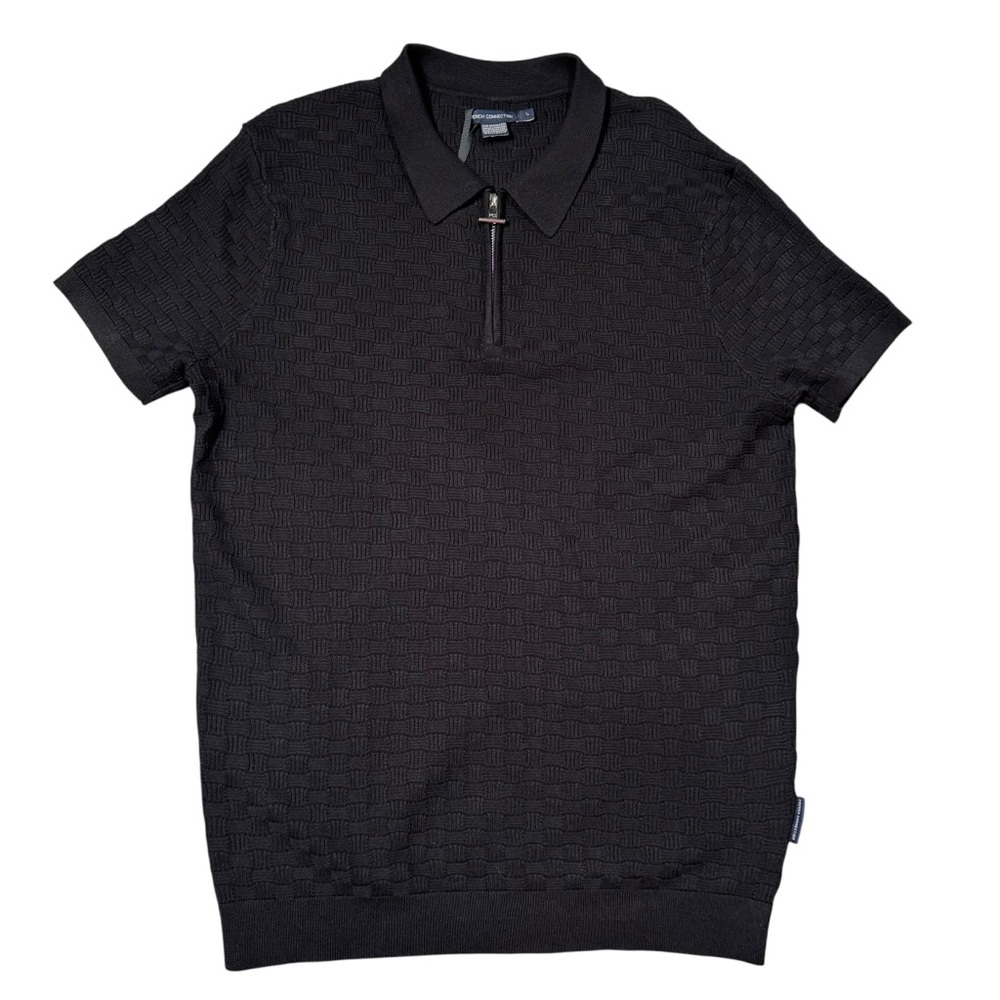 NWT New French Connection Short Sleeve Zip Knit Polo Black Shirt Size L